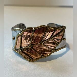 Artisan Silver Tone Cuff Bracelet w Brass & Copper Scrollwork Leaf Nature Chunky